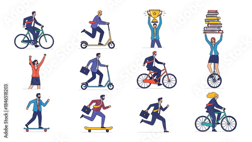 Business professionals in various dynamic poses and activities, representing career progress and success