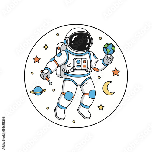 A cartoon illustration of an astronaut floating in space surrounded by stars, a crescent moon, and planets in a circular frame.