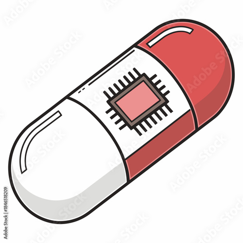 Red and white medicine capsule with microchip pill