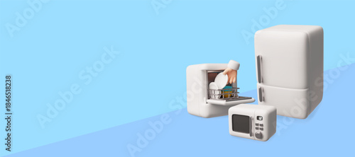 Open dishwasher, fridge and microwave 3D vector banner design, kitchen household equipment, electronic home appliance