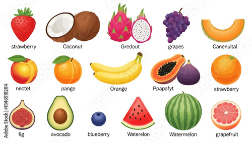 Colorful illustration showcasing a variety of common fruits with text labels