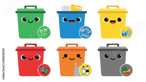 Six colorful recycling bins with happy faces for different types of waste