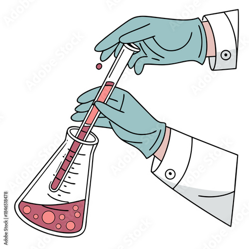 Lab technician hands mixing chemicals in test tube and flask