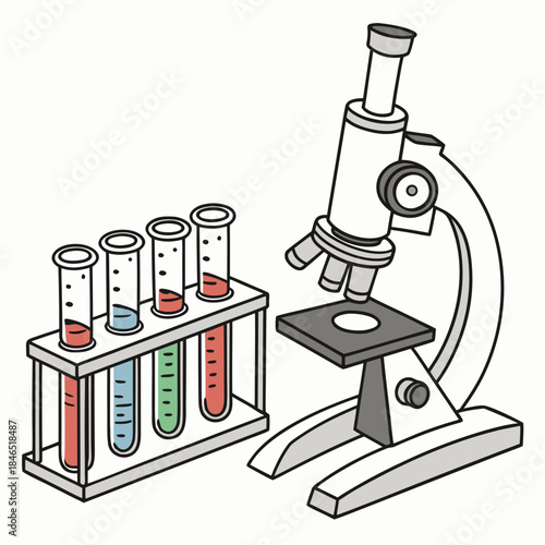 Microscope beside test tubes with colored liquids laboratory