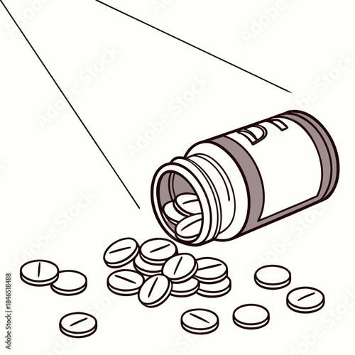 Spilled amber bottle with white pills glowing under white light