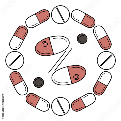 Pills forming circular pattern with capsules and tablets