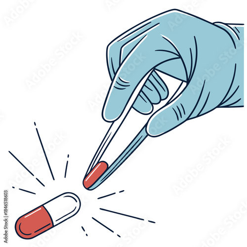Gloved hand picking up red and white capsule with tweezers