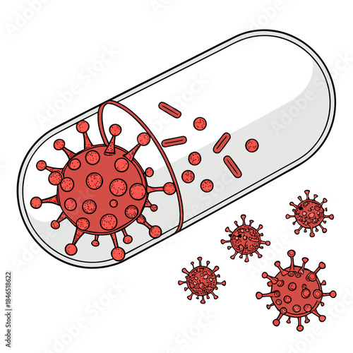 Transparent capsule with red virus particles inside and outside