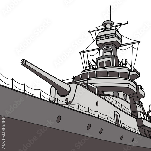 Battleship with visible lifeboats and deck in grayscale