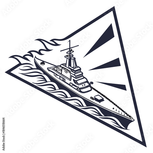 Navy warship creating triangular wake in dark blue