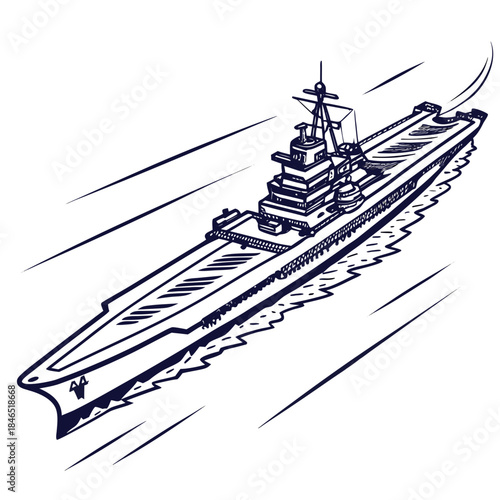 Navy warship speeding through water with motion lines