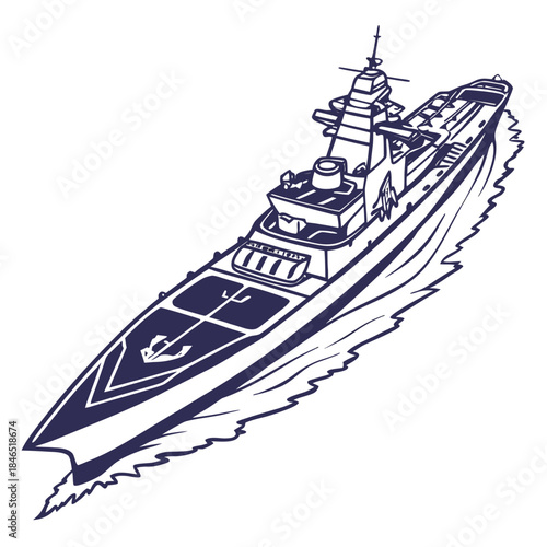 Navy warship with wake moving through water navy ship