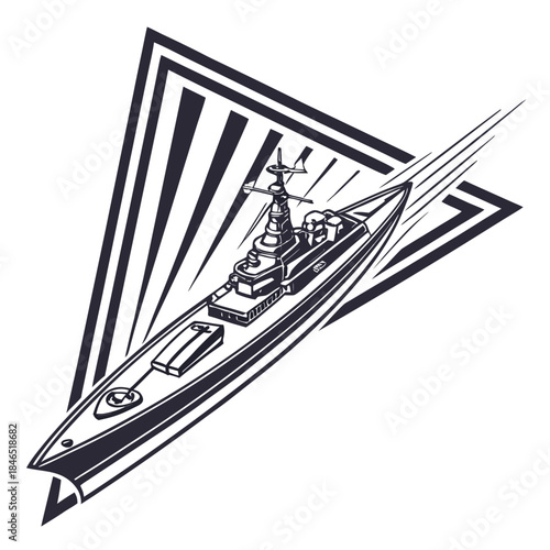 Warship creating sharp triangular wake naval military