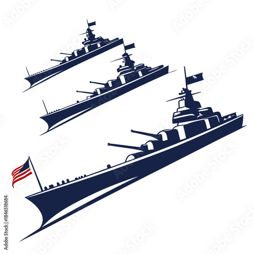 Navy warships arranged diagonally with american flag