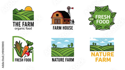A collection of six farm and organic food logos featuring rural and agricultural themes