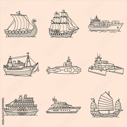 Diverse collection of hand-drawn ships and boats in various styles and designs