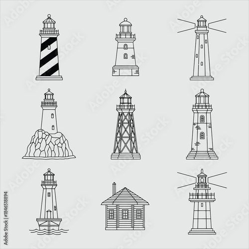 Diverse collection of iconic lighthouse illustrations in black and white