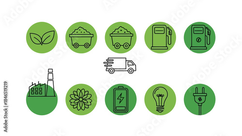 Green energy and industrial icons representing sustainability and resources
