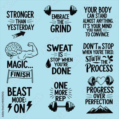 Motivational fitness quotes collection for gym and workout inspiration, featuring positive affirmations and encouragement for achieving goals and maintaining a healthy lifestyle