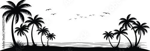 Tropical beach silhouette, palm trees, ocean waves, birds flying, summer vacation scene, black and white vector, tranquil nature, exotic travel illustration