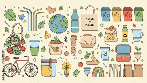 Illustration of sustainable and zero-waste alternatives to protect the environment
