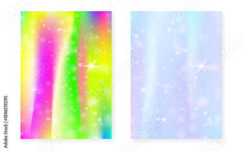 Unicorn background with kawaii magic gradient. Princess rainbow hologram. Holographic fairy set. Spectrum fantasy cover. Unicorn background with sparkles and stars for cute girl party invitation.