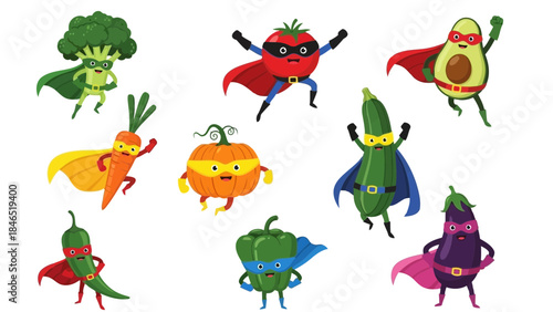 A collection of colorful superhero vegetables and fruits isolated on a white background