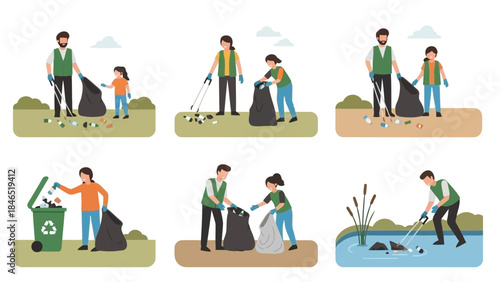 Environmental volunteers cleaning up litter in parks and natural areas for a cleaner planet