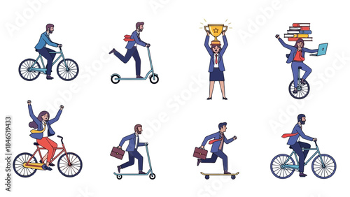 Business people engaged in various activities like commuting, celebrating success, and multitasking