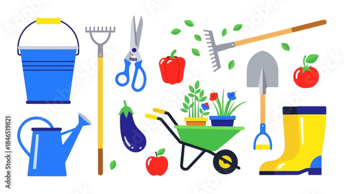 A colorful collection of gardening tools and fresh produce items