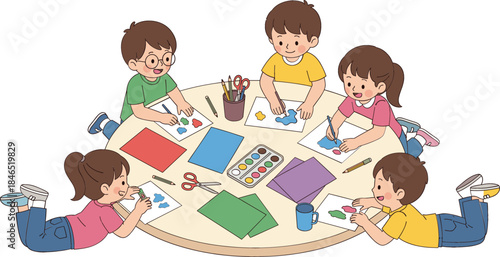 Cute cartoon children sitting around a round table drawing and painting with watercolors for elementary school art class and creative education design.
