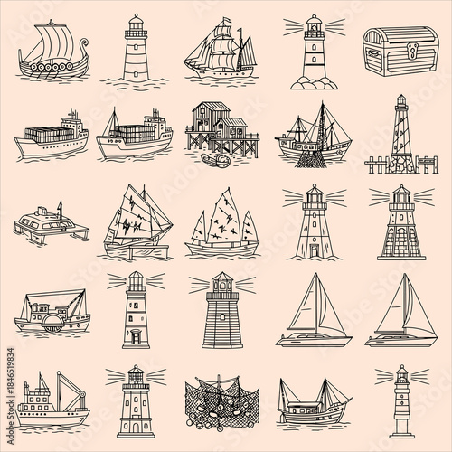 Nautical icons collection with sailing ships, lighthouses, and coastal elements