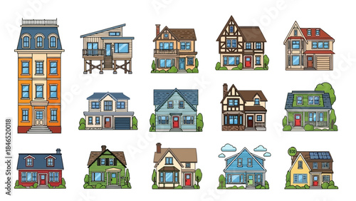 Diverse collection of hand-drawn house illustrations representing various architectural styles