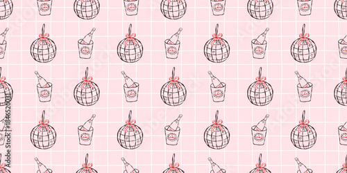 Disco ball and Champagne bottle seamless pattern featuring whimsical lines for party, birthday, wedding and bachelorette decoration, packaging and vector design projects