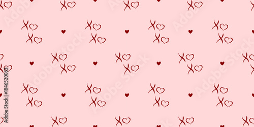 Seamless xoxo and heart pattern with whimsical elements for Valentine backgrounds, romantic print design, wedding graphics, textile and fabric projects