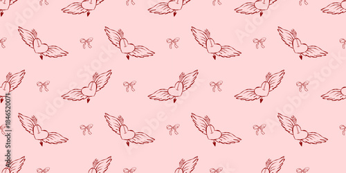 Valentine doodle cupid tattoo whimsical seamless pattern heart retro details. Designed for wedding or engagement stationery, cute bridal decor