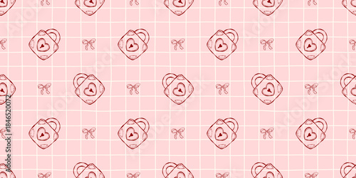 Valentine seamless pattern with heart lock and tiny bows on a soft pink grid, perfect for romantic stationery, wrapping, cute packaging and sweet decorative design