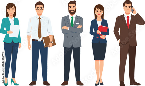 Professional business people character set featuring office workers in formal suits and corporate attire for leadership teamwork recruitment and company website design.