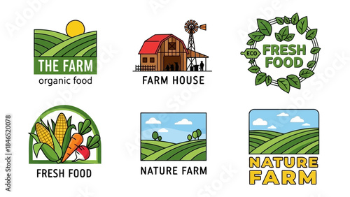 A collection of six farm and organic food logos for agriculture and nature concepts