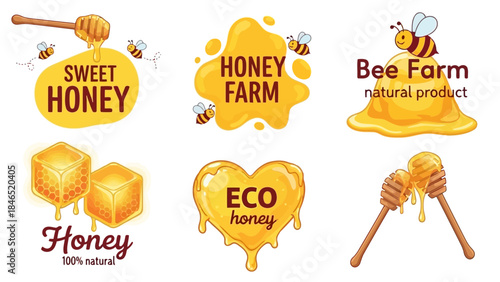 A vibrant collection of cartoon honey and bee farm logos for natural products