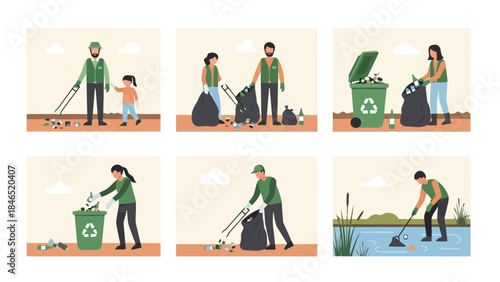 Volunteers cleaning up the environment by collecting trash and recycling waste