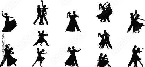 Ballroom and Latin dance silhouette poses, elegant movement couples solo, flat vector