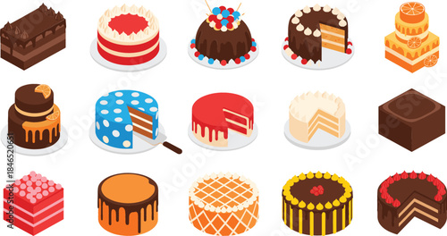  Isometric delicious cake collection featuring chocolate red velvet carrot and fruit cakes with cream frosting for bakery menu cafe and birthday party design.