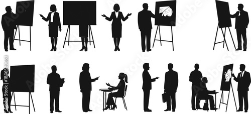 Business meeting, teaching, presentation, teamwork, discussion, office, seminar, collaboration, silhouette, flat vector