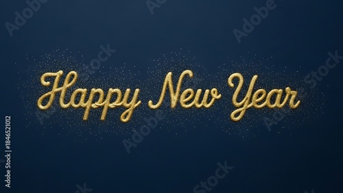 Happy New Year Golden Text with Glittering Particles on Dark Blue Background