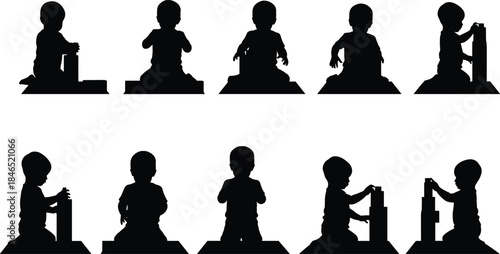 Child building block tower, seated toddler silhouette, developmental stages, flat vector