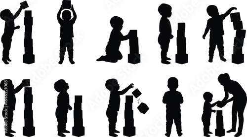 Child building blocks silhouette, play stages, adult help, learning process, flat vector