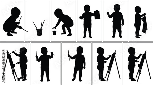 Child, Painting, Silhouette, Brush, Easel, Creativity, Art, Pose, Activity, Fun, Development, Flat Vector