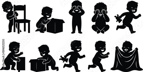 Child, Silhouette, Hide and Seek, Playful, Box, Blanket, Running, Toy, Pose, Activity, Joy, Flat Vector
