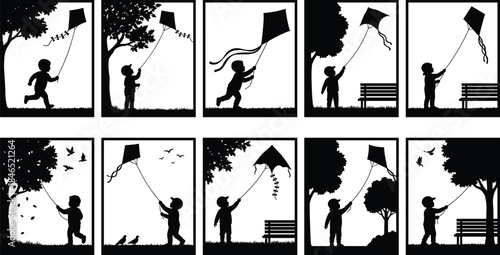 Children flying kites in park, silhouette scene, nature play, outdoor joy, flat vector